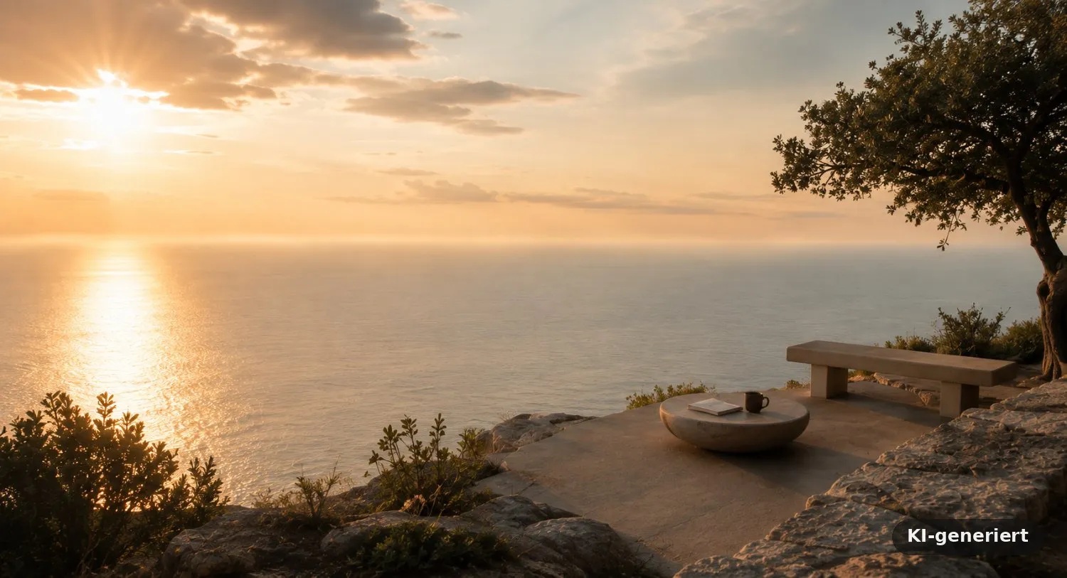 Steinbank und Tisch auf einer Klippe über dem Meer im Abendlicht