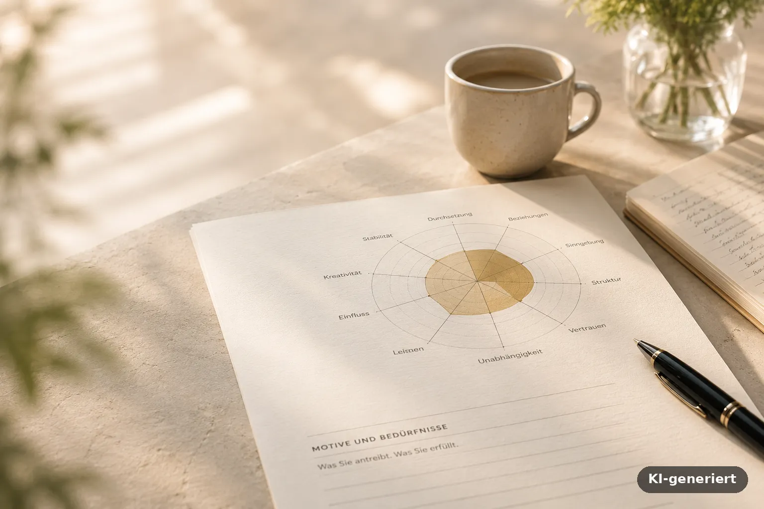 Persönlichkeitsprofil mit Motiv-Diagramm auf einem Tisch, daneben Kaffeetasse und Stift