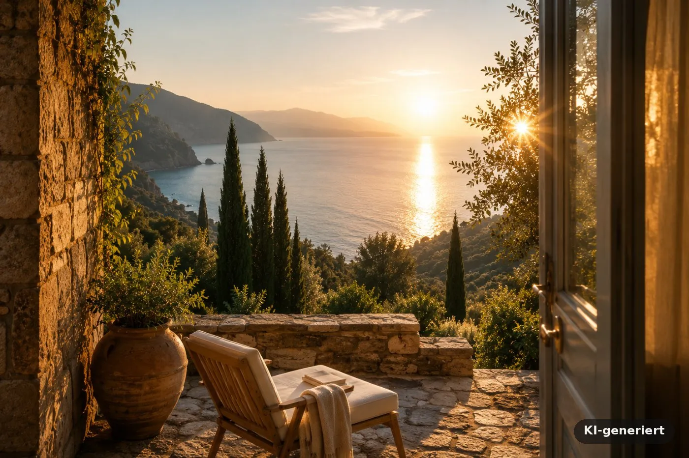 Terrasse eines Steinhauses mit Blick auf Zypressen und das Meer im Abendlicht