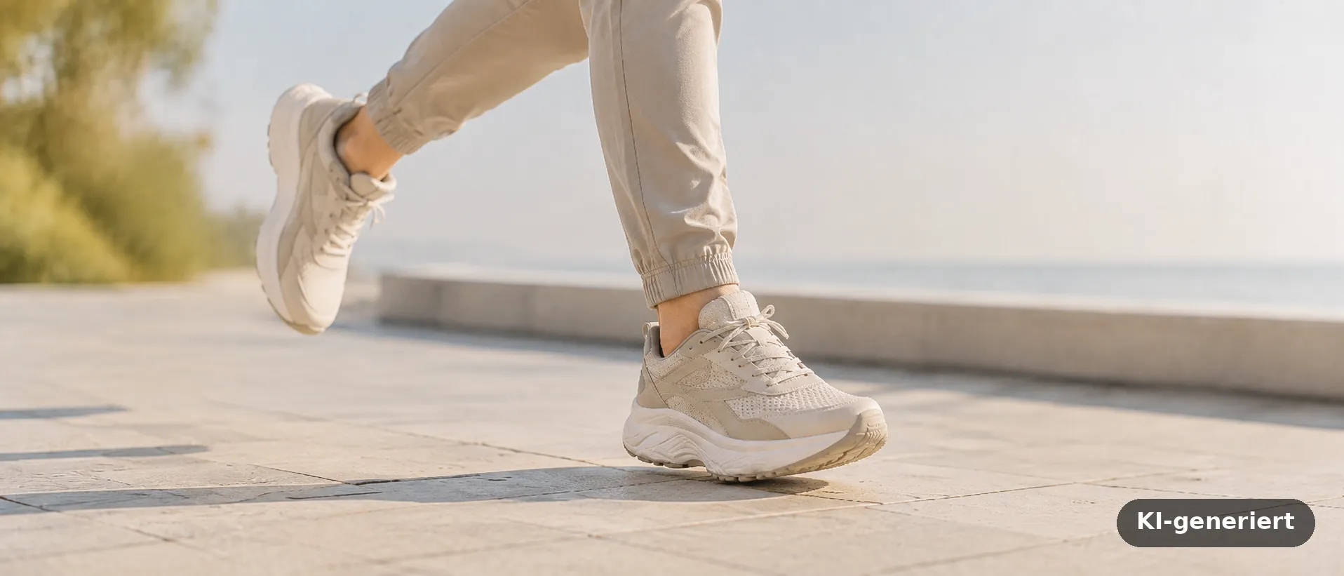 Laufende Person in Sportschuhen auf einer Steinpromenade